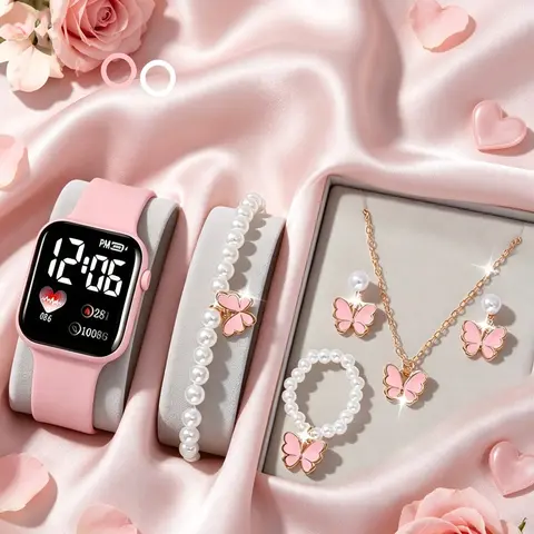 Women's Fashion Watch & Matching Jewelry Set, Including Watch & Butterfly Design Earrings & Bracelet & Ring & Pendant Necklace, Gift for Women, jewellery gift set, fashionable jewelry set, without Box