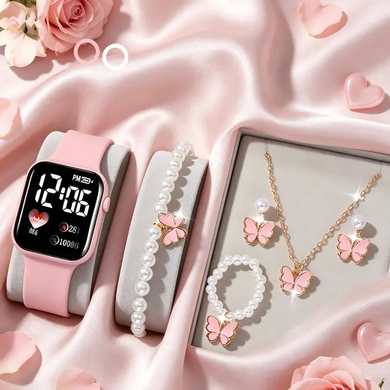 Women's Fashion Watch & Matching Jewelry Set, Including Watch & Butterfly Design Earrings & Bracelet & Ring & Pendant Necklace, Gift for Women, jewellery gift set, fashionable jewelry set, without Box