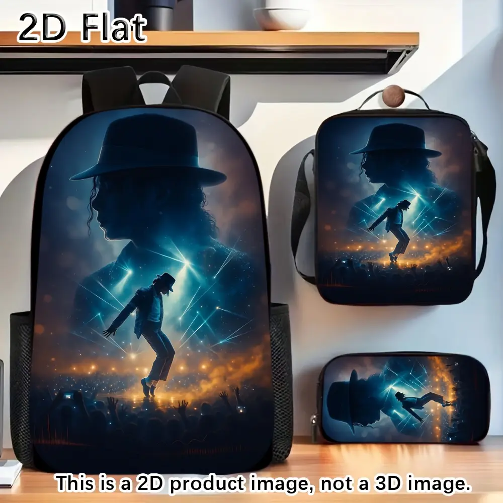 Kids' 3-Piece Glowing Backpack Set - Adjustable Breathable Straps, 600D Oxford, Water Resistant Durable, School Backpack + Lunch Bag + Pencil Case, Michael Jackson Concert Stage Silhouette Light Print