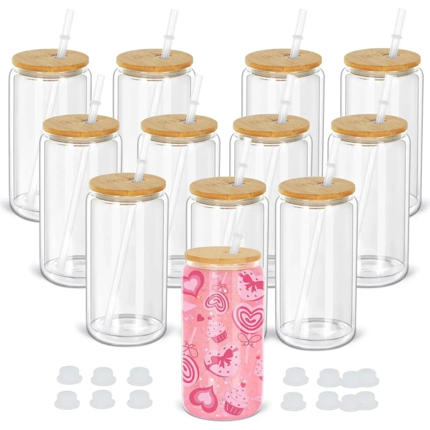 12-Pack 16oz Double-Wall Sublimation Snow Globe Cold Beverage Tumblers, Pre-Drilled Hole Synthetic Glass Cups with Straw & Plug for Glitter Decor DIY, Durable Home Supplies Glassware