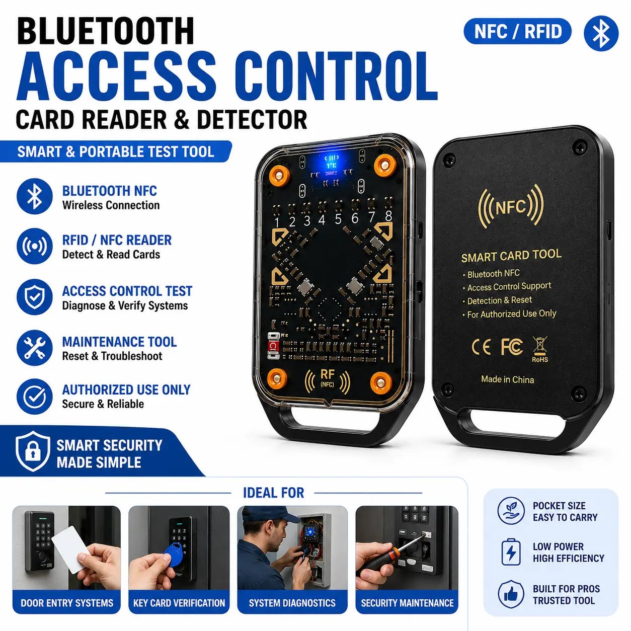 Bluetooth Access Control Card Reader & Detector Device, Portable RFID/NFC Access System Tester, Smart Security Diagnostics & Maintenance Tool for Door Entry Systems, Key Card Verification, Authorized Access Testing Equipment # SummerVibes