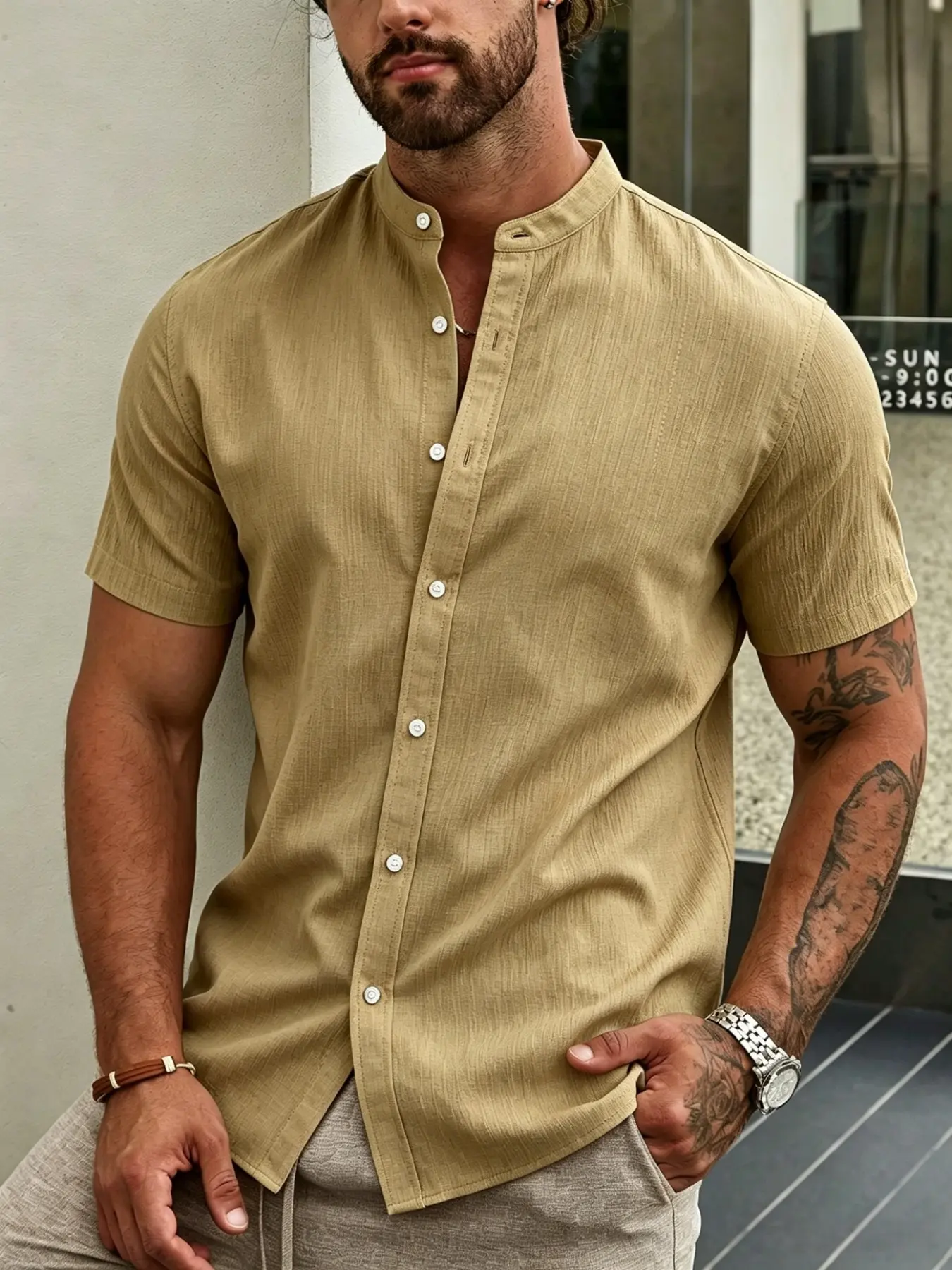 Men's Summer Breathable Stand Collar Shirt, Quick-Dry Lightweight Short Sleeve Button Shirt, Ideal for Beach, Travel, Daily Casual Wear, Button Up Shirts