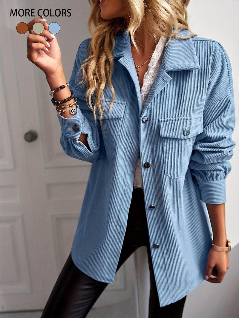 Women's Solid Button Front Long Sleeve Corduroy Jacket, Casual Drop Shoulder Outerwear for Fall & Winter, Ladies Clothes for Daily Wear, Downtown Girl Clothes, Coats