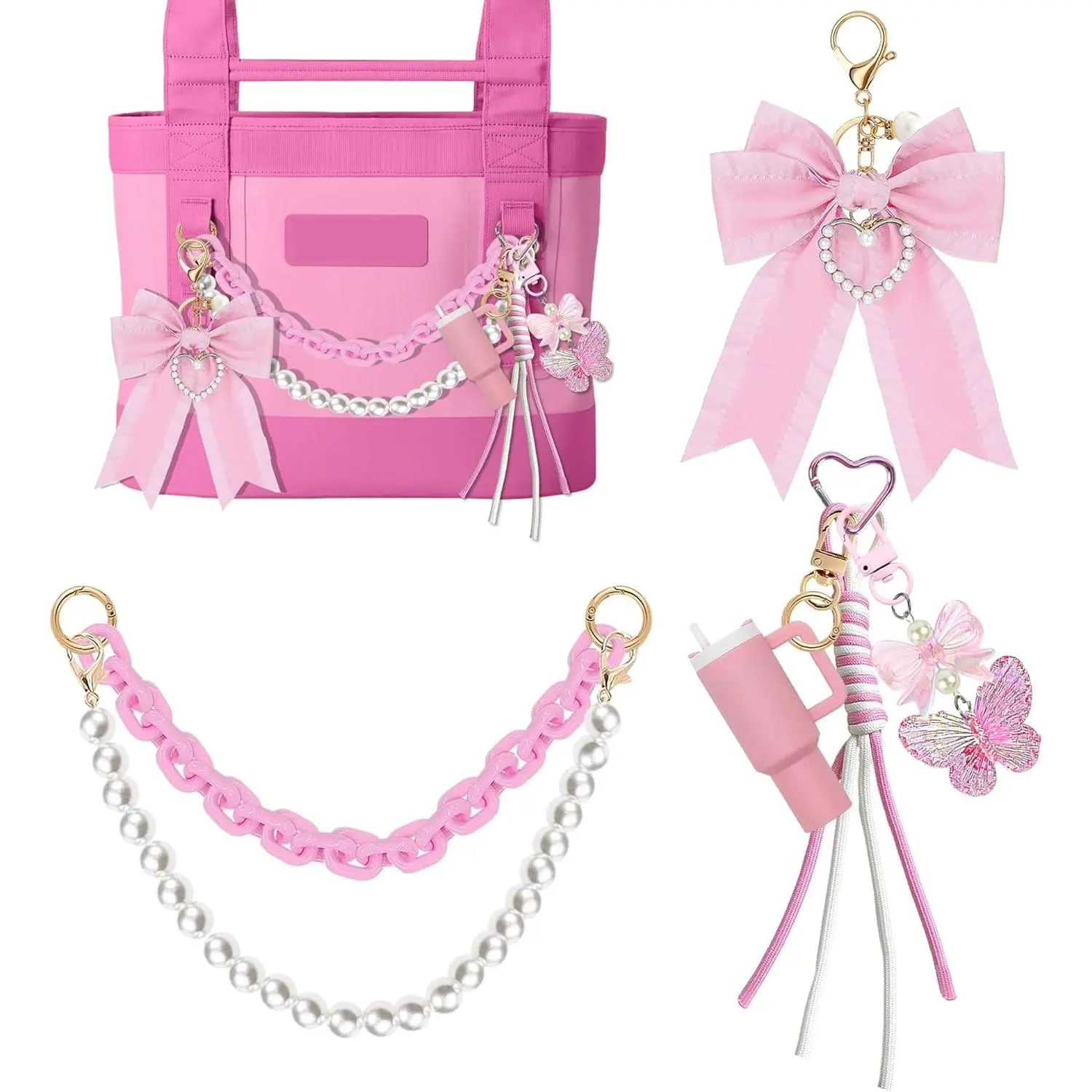 YPINGABS 7PCS Hot Pink Tote Bag Accessory Set for YETI Camino 20/35/50 & Bogg Bags - Pearl Accents, Bow Details, Acrylic Chain, Mini Tumbler Keychain, Butterfly Beaded Decorative Charms for Everyday Use, Decorative Charms Keychains