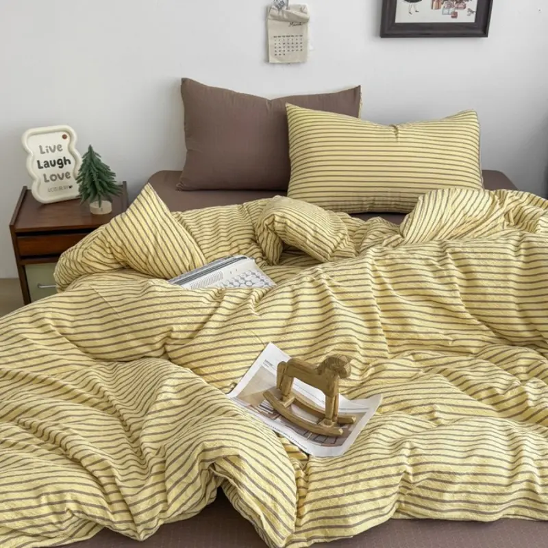 3-Piece Bedding Set, Vintage Style Gingham Pattern, Soft Breathable Washed Fabric, Duvet Cover + Pillowcase, All Seasons