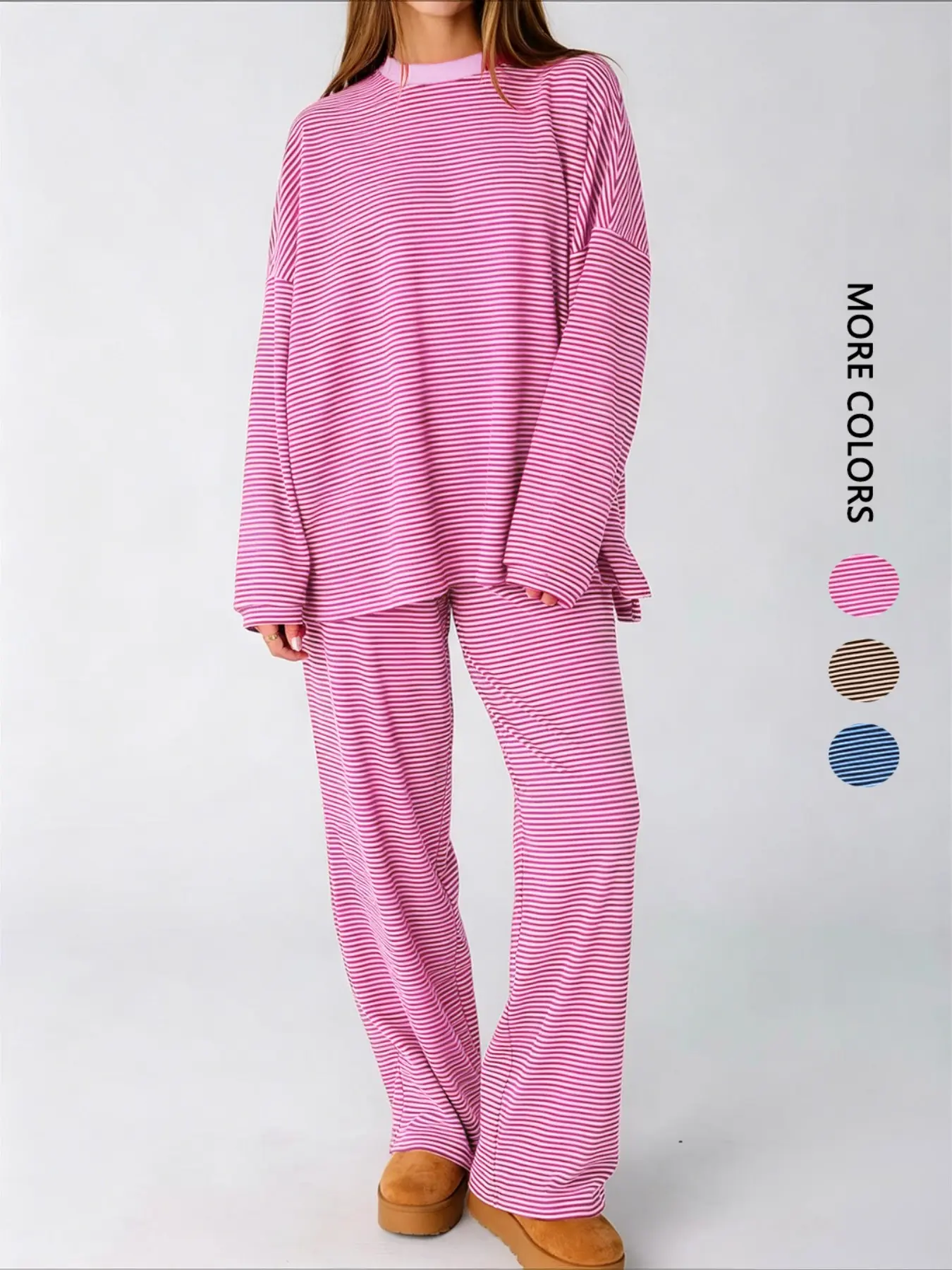 Women's Striped Set, Loose Fit Oversized, Round Neck Long Sleeve Top, Elastic Waist Straight Leg Pants, 2-Piece Comfortable Lounge Wear Pajamas Nightwear