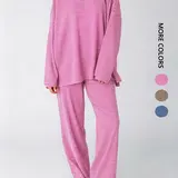 Women's Striped Set, Loose Fit Oversized, Round Neck Long Sleeve Top, Elastic Waist Straight Leg Pants, 2-Piece Comfortable Lounge Wear Pajamas Nightwear, Elastic Waist Loungewear
