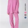 Women's Striped Set, Loose Fit Oversized, Round Neck Long Sleeve Top, Elastic Waist Straight Leg Pants, 2-Piece Comfortable Lounge Wear Pajamas Nightwear, Elastic Waist Loungewear