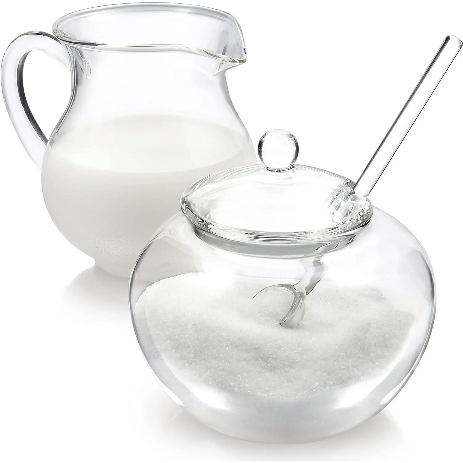 Classic Stain-Free & Odor-Free Borosilicate Glass Sugar and Creamer Set - Kitchen Tableware for Tea or Coffee, Includes Cream Pitcher, Lidded Sugar Bowl & Spoon (Serves Up to 5-6 People)