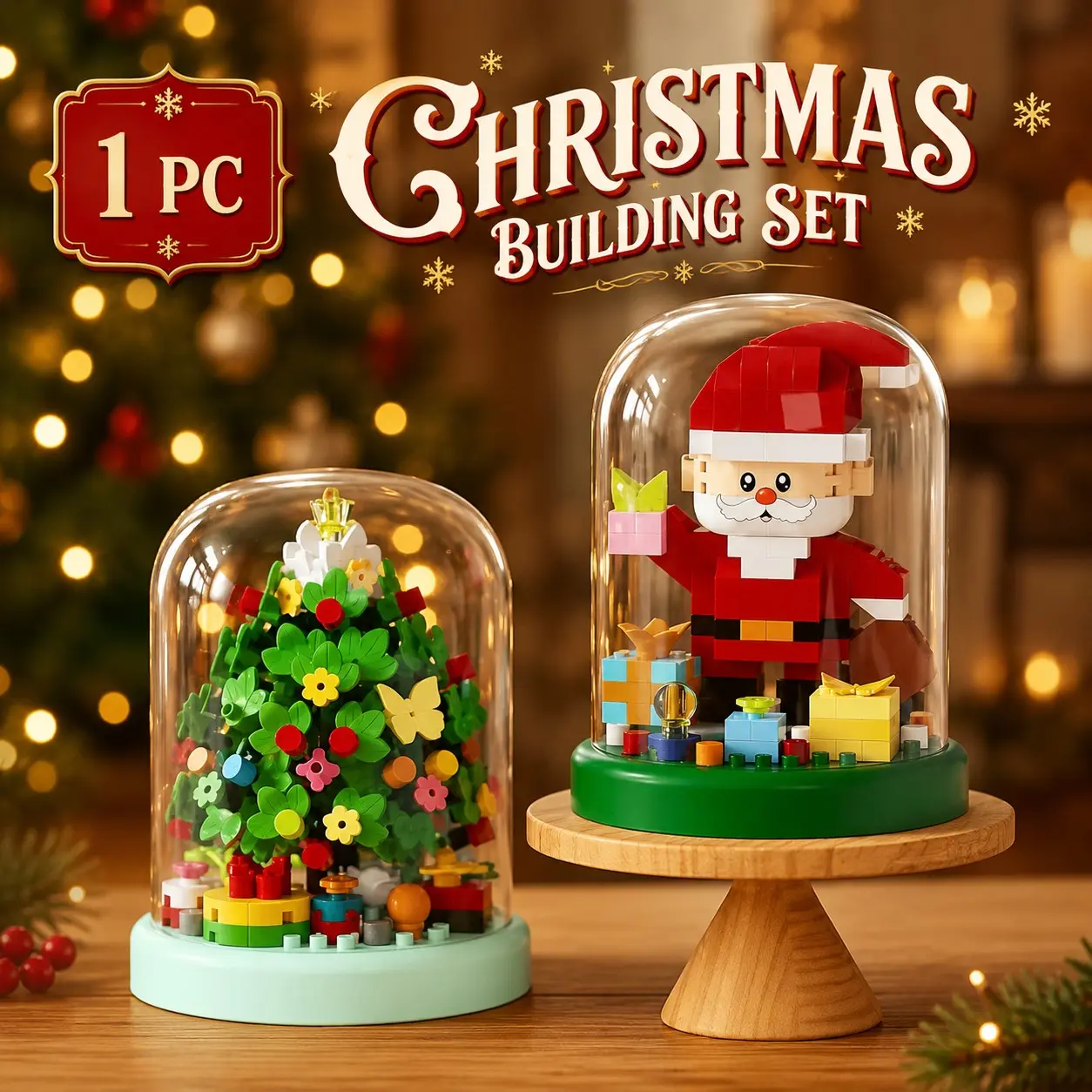 Christmas Building Block with Clear Display Cover, DIY Santa Claus or Christmas Tree Model Kit, Cute Holiday Tabletop Decoration and Creative Christmas Gift for Teens, Adults and Block Lovers（1 PC）