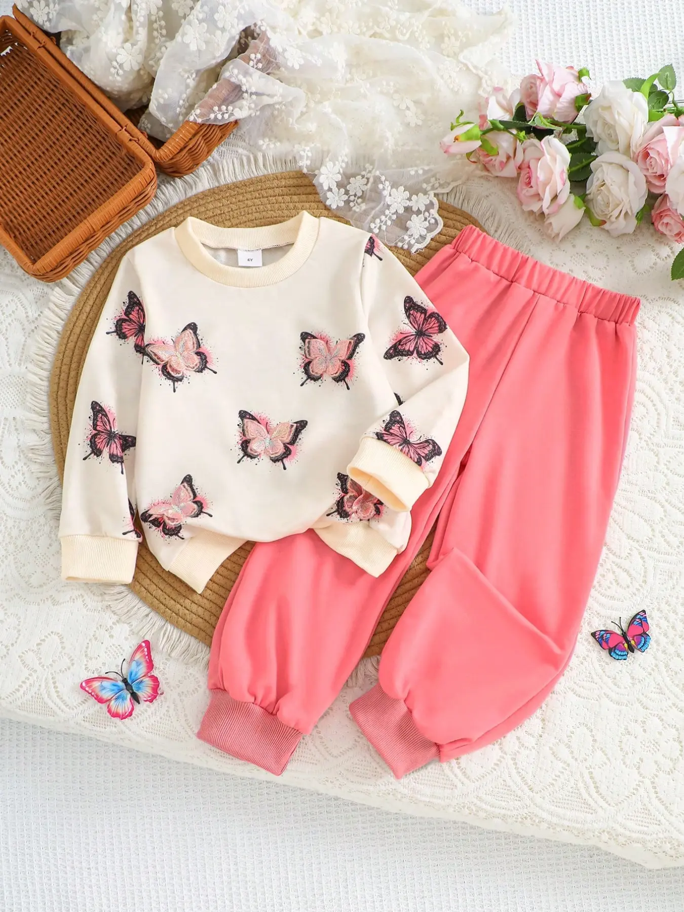 Two-Piece Girls' Casual Set, Bow and Print Long Sleeve Sweatshirt, Solid Color Pants, Outdoor Wear, Spring & Fall
