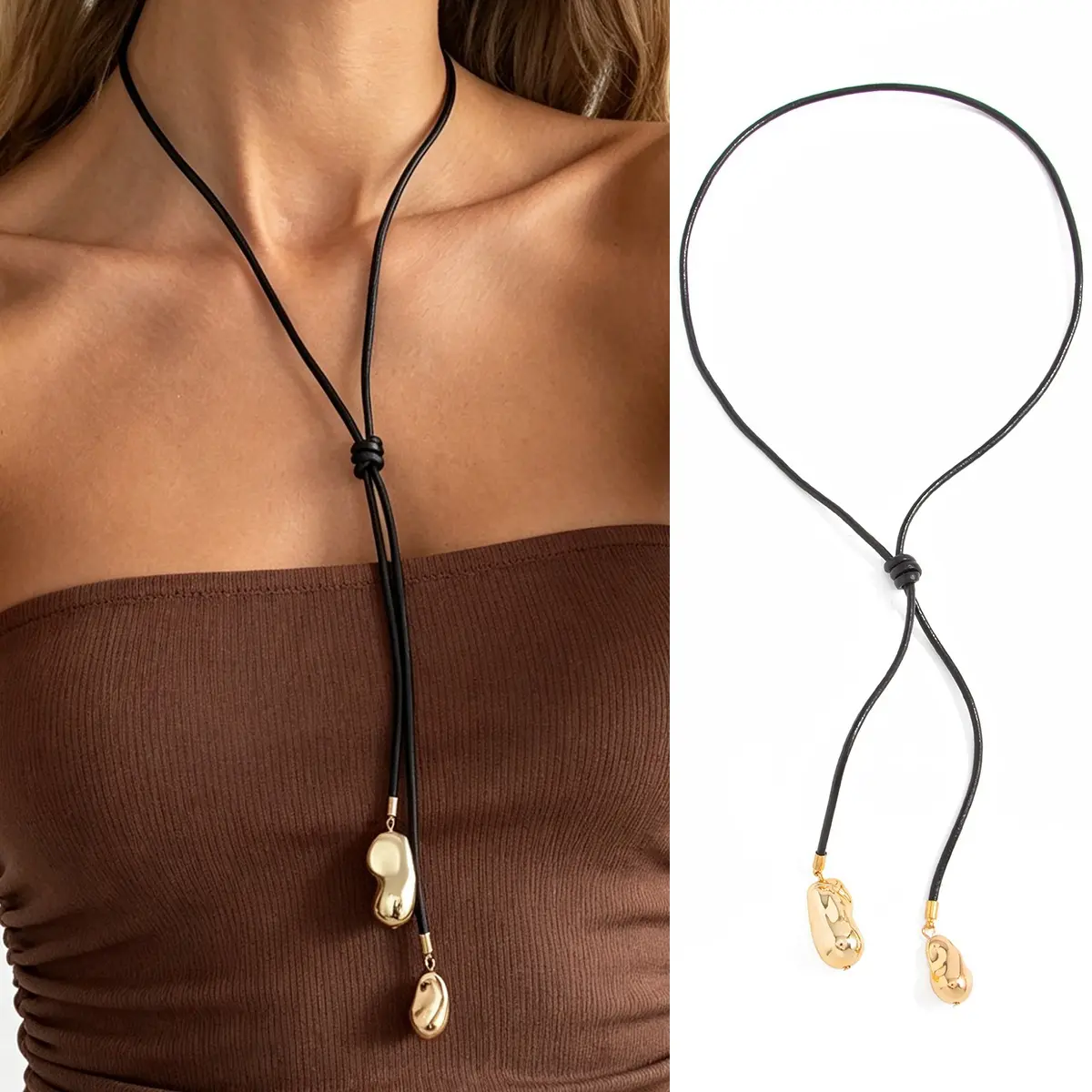 Y2K Viral Liquid Gold Drop Lariat Necklace Black Cord Tie Choker Baddie Aesthetic Main Character Energy