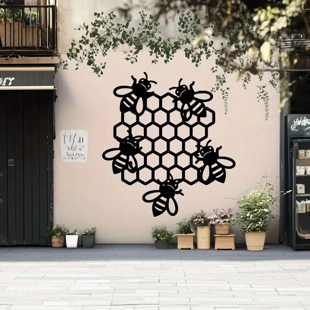 Vintage 4 Bees Honeycomb Metal Wall Art Rustproof Weatherproof Farm Cafe Outdoor Home Decor Plaque 8x12 Inch 1PC