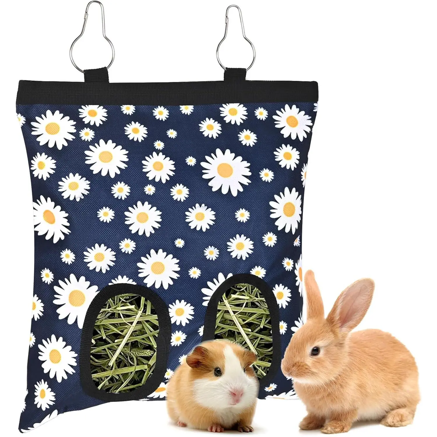 2-Hole 600D Oxford Fabric Hanging Hay Feeder, Washable Bag Hay Dispenser for Rabbit, Guinea Pig Cage, Rabbit Cage