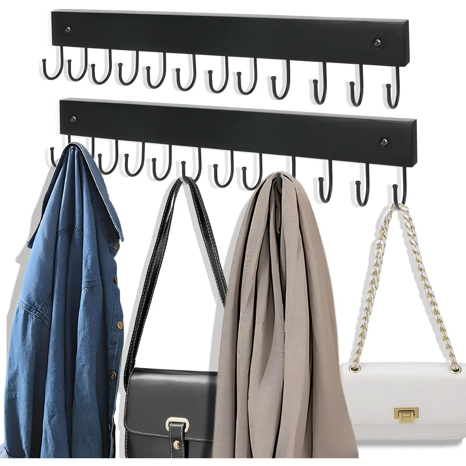 2 Pack Purse Organizer Wall Mount with 24 Rotating 180° Coat Rack, 14.6" Wooden Entryway Purse Holder, Wall Hooks for  Belts, Ties, , Scarf, Bras, Bag, Space Saving Hanger (Black)