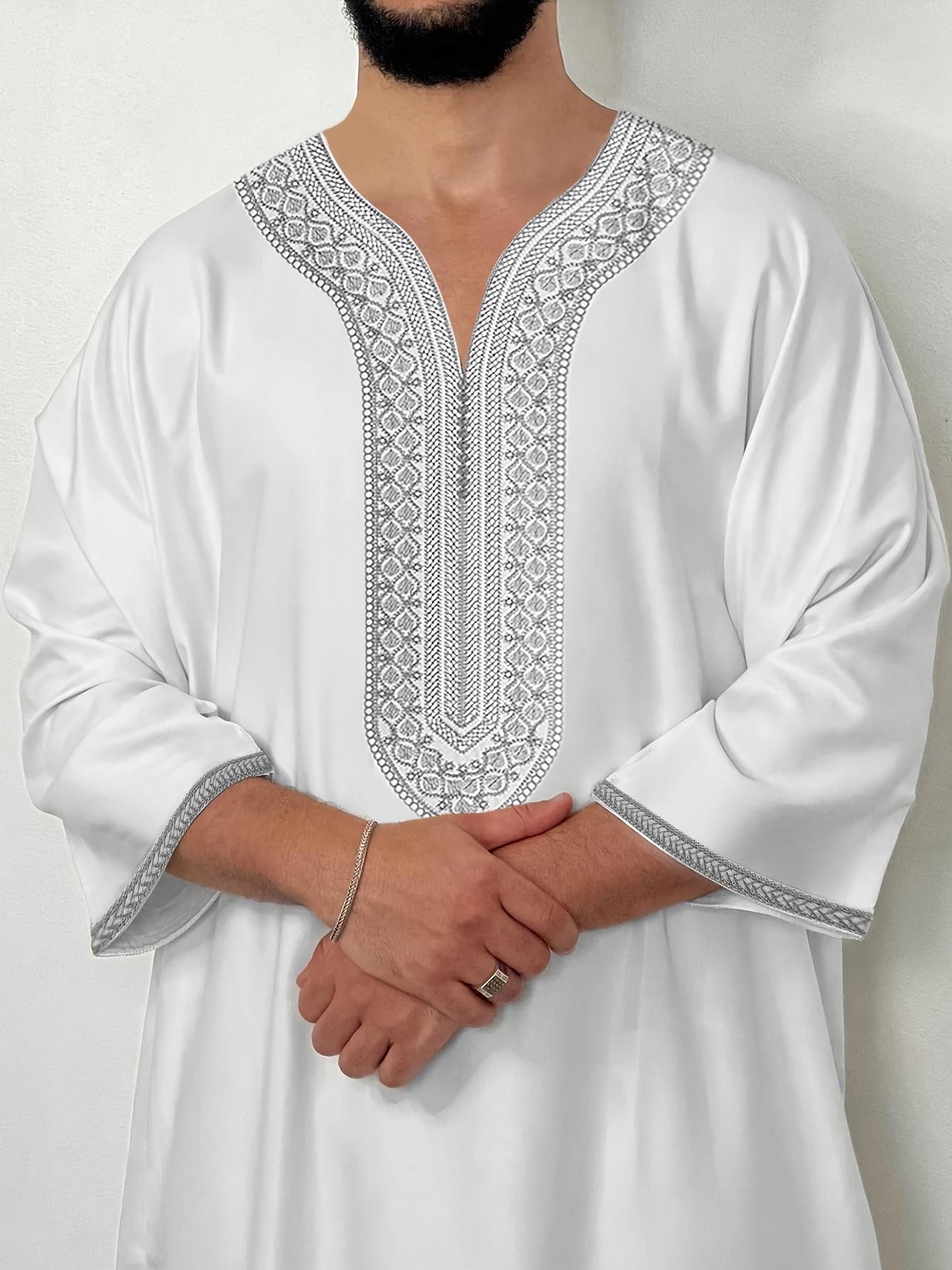 [Moroccan |   Silvery] Moroccan Men's robe |   pure white Silvery thread embroidered robe |   Muslim fashion traditional festival clothing, Gift for Eld, Gift for Ramadan, Zhiyu's selection