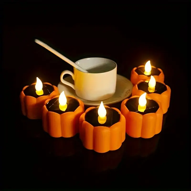 6 Pumpkin Candles Halloween Decoration Solar Tea Lights Waterproof Flameless LED Flickering Pumpkin Lights Suitable for Jack-o'-lantern Garden Party Holiday