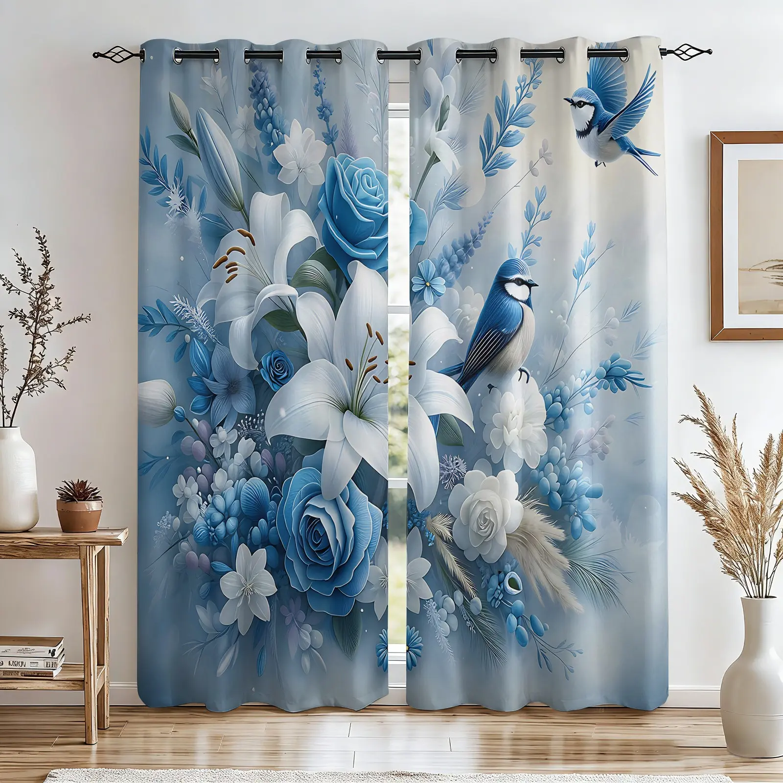 2-Pack Blue White Floral Bird Illustration Theme Blackout Curtains-Top Metal Grommets Easy Installation-No-Drill Design-Not Include Rod-Privacy and Decorative Drape-Fresh Pastoral Style Bedroom Living Room Office-Window Curtain