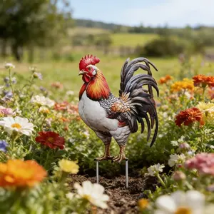 Colorful Iron Rooster Garden Stake Statue, Garden Sculptures, Animal Statue, Outdoor Lawn Decoration, Farmhouse Style Ground Ornament, Yard Potted Plant Accent, Holiday Gift