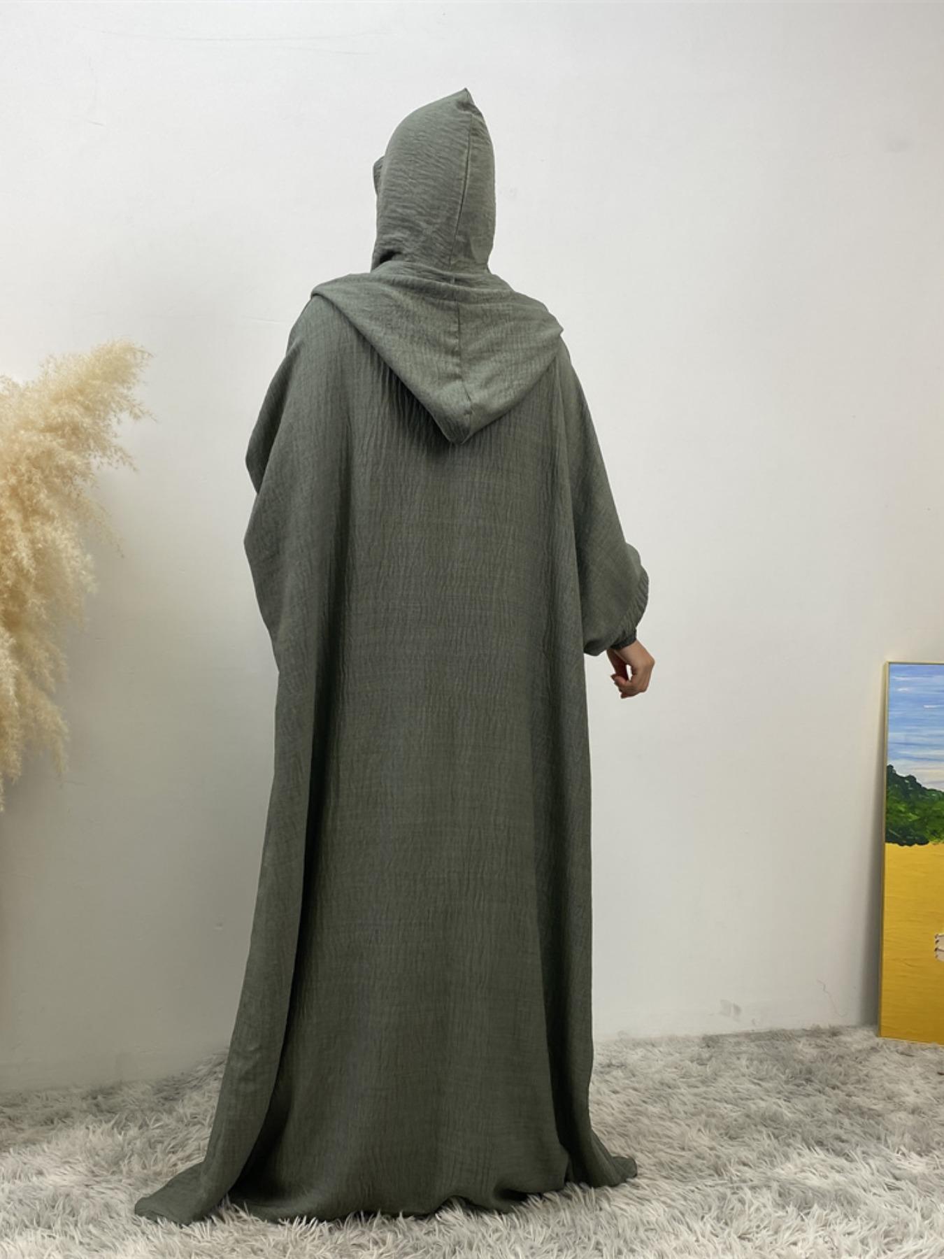 Women's Solid Color Batwing Sleeve Drawstring Hooded Dress, Casual Long Sleeve Shirred Cuff Long Dress for Spring & Fall, Women's Islamic Clothing for Daily Wear