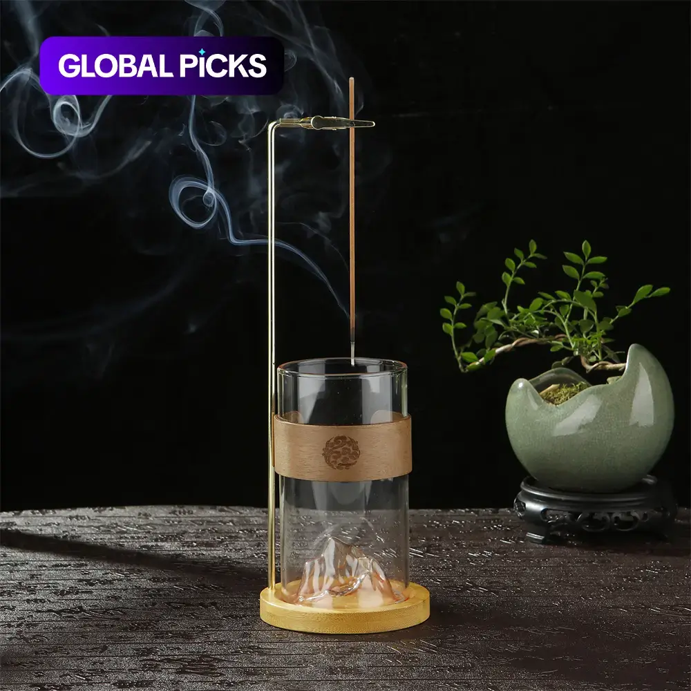 Glass Incense Holder Mountain Design Incense Burner Bakhoor Burner with Wooden Base, Aromatherapy Burner Home Decor for Living Room Bedroom Office Scented Home Fragrance Aromatherapy Home Fragrances Cool Incense Burners