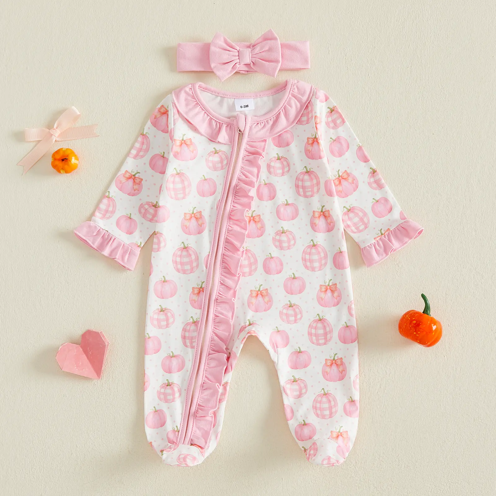 Newborn Baby Printed Bodysuit - 95% Cotton,baby Girl Halloween Outfit Long Sleeve Footies & Bow Headband 2 Pcs Set Jumpsuit Set