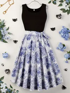French Style Sleeveless Waist-Cropped Dress for Women, Colorblock Floral Print Midi Skirt, Vintage Sweetheart Garden Picnic Slim Fit A-Line Dress