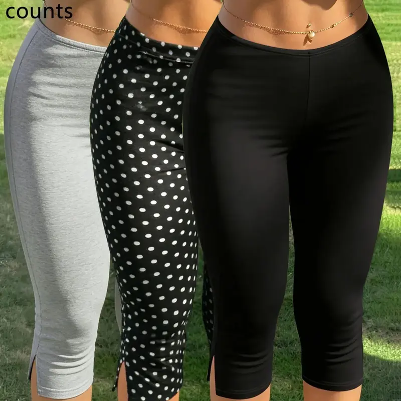 Y2K High-Waisted Stretchy High Rise Side Split Hem Capri Pants, Bodycon Stretch Tight Fit, Cropped Pants for Casual Daily, Everyday & Beachwear, Versatile Trousers Bottoms