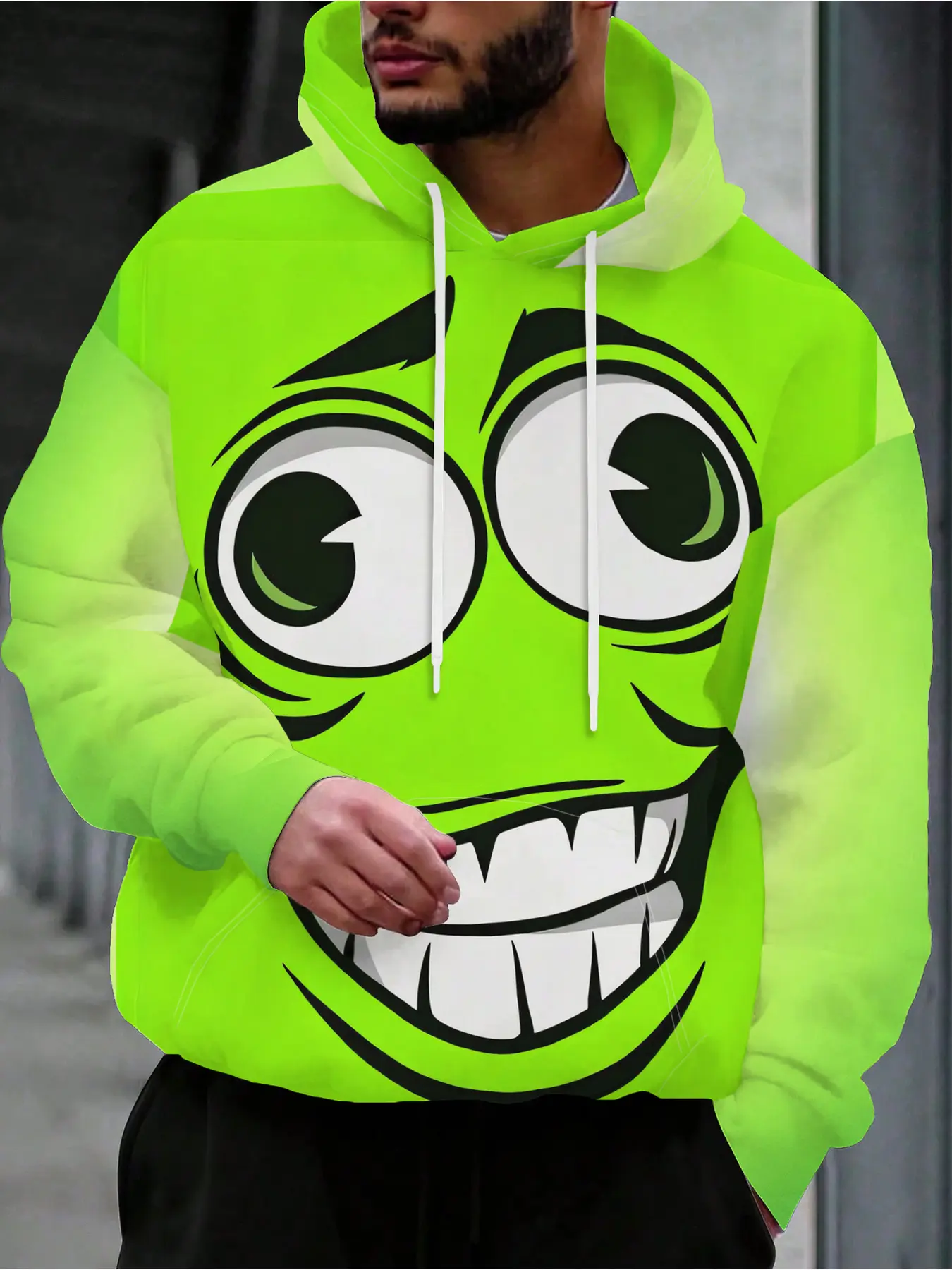 Men'S Neon Green And Lime Hooded Sweatshirt With Oversized Eyes And Smiling Face - Fun Cartoon Pullover Machine Washable Winter Warm Casual Wear