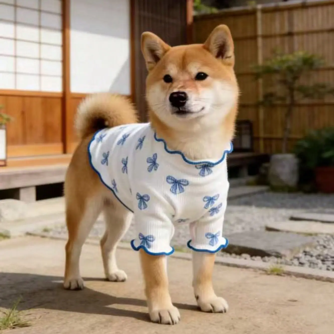 White bow printed pet clothes are comfortable, warm, and soft hoodies suitable for small and medium-sized cats and dogs for daily leisure, outdoor walks, and pet clothing