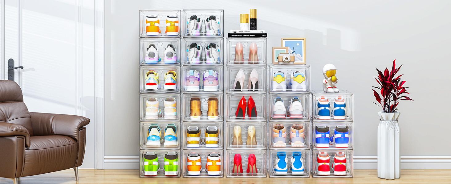 Thickened Clear Shoe Storage Organizer with Magnetic Door, Sturdy Stackable Shoe Boxes for Closet, Collapsible Space-Saving Shoe Rack for Sneakers & Boots, Plastic Shoe Cabinet Box Set, 6 Pack, White