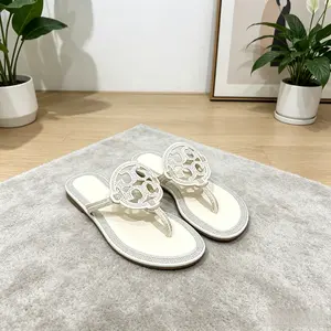 Women's White Rhinestone Flat Flip Flops - Sparkly Hollow-Out Thong Sandals