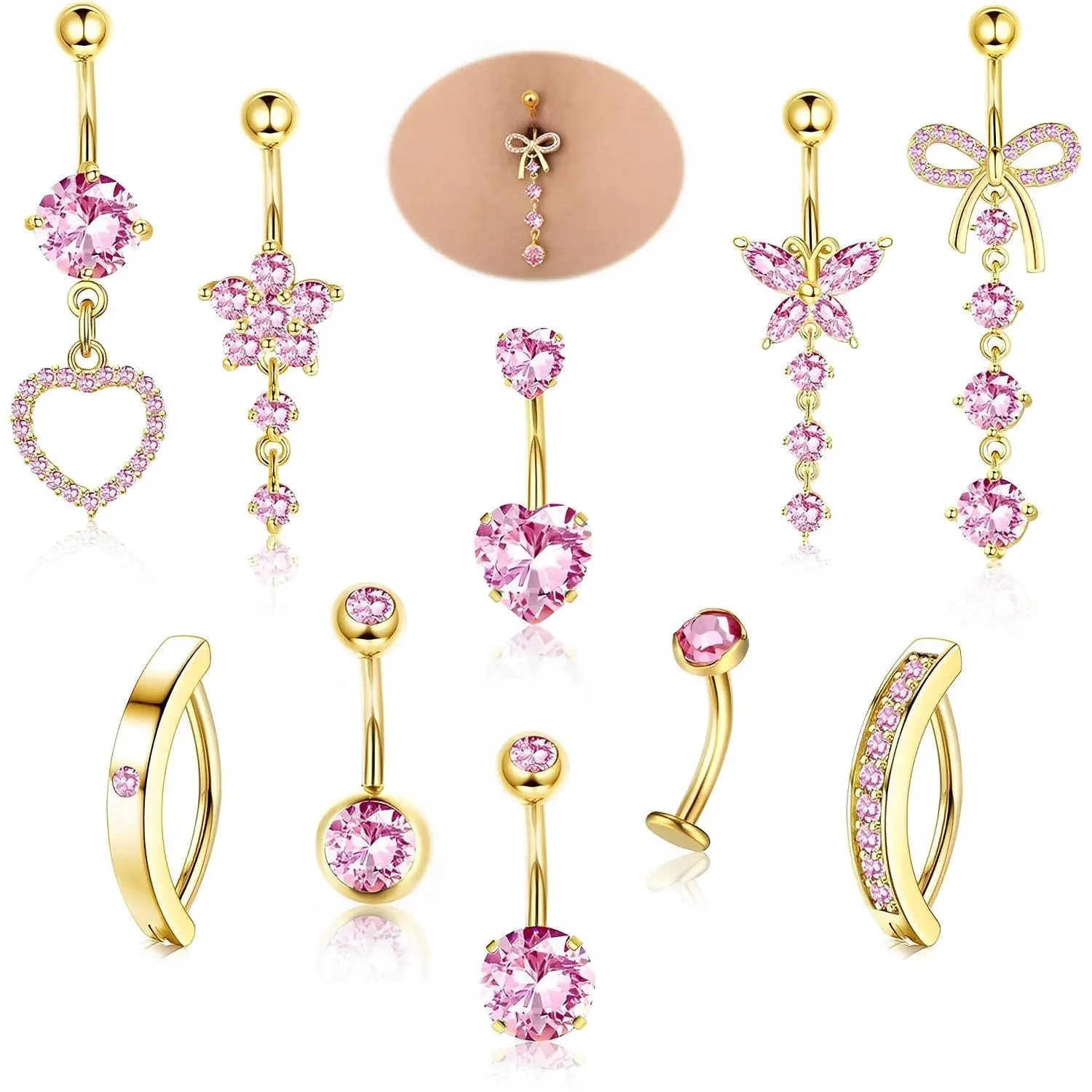 CASSIECA Women's 10Pcs 14G Gold Surgical Steel Zircon Inlaid Heart Belly Piercing Jewelry - Non-Tarnish, Tarnish-Proof Dainty Dangle Short Clicker Navel Rings, Summer Body Jewelry Set  DealsForYouDays