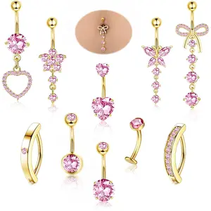 CASSIECA Women's 10Pcs 14G Gold Surgical Steel Zircon Inlaid Heart Belly Piercing Jewelry - Non-Tarnish, Tarnish-Proof Dainty Dangle Short Clicker Navel Rings, Summer Body Jewelry Set  DealsForYouDays