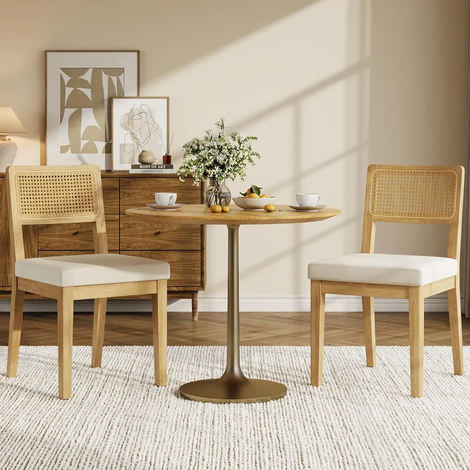 Rattan Dining Chairs Set of 2 – French Country Upholstered Wood Frame Armless Chair with Rattan Backrest for Kitchen, Dining Room & Bedroom