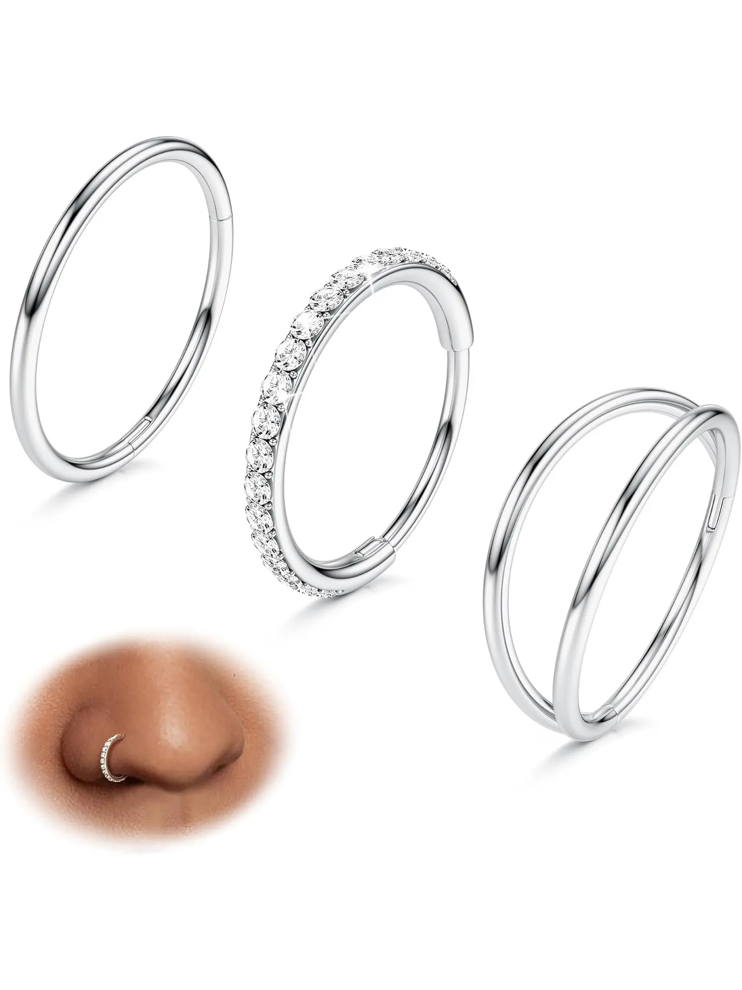 Simple 3 Pcs Silvery Smooth Nose Rings Hoops 316L Surgical Steel Double Hoop Nose Rings for Women Men Hinged CZ Conch Piercing Jewelry Septum Clicker Lip Rings Cartilage Earring Helix Rook Tragus Daith Rings