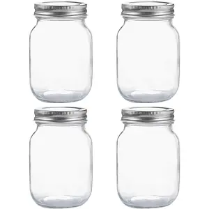 Glass Regular Mouth Mason Jars, 16 oz Clear Glass Jars with Silver Metal Lids for Sealing, Canning Jars for Food Storage, Overnight Oats, Dry Food, Snacks, Candies, DIY Projects (4PACK)