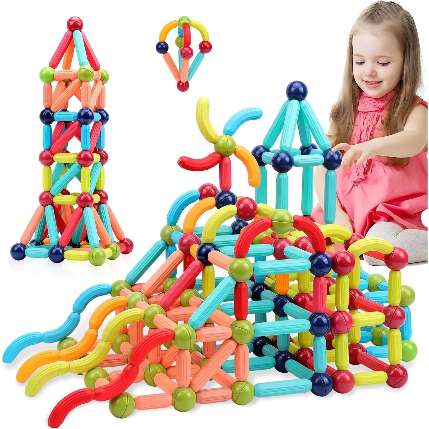 COUOMOXA Bright Magnetic Building Blocks, STEM Educational Montessori Magnetic Stick Toys for 3-8 Years Old Kids - Ideal for Birthday, Children's Day, Day Care Centers, Family Play for Boys & Girls