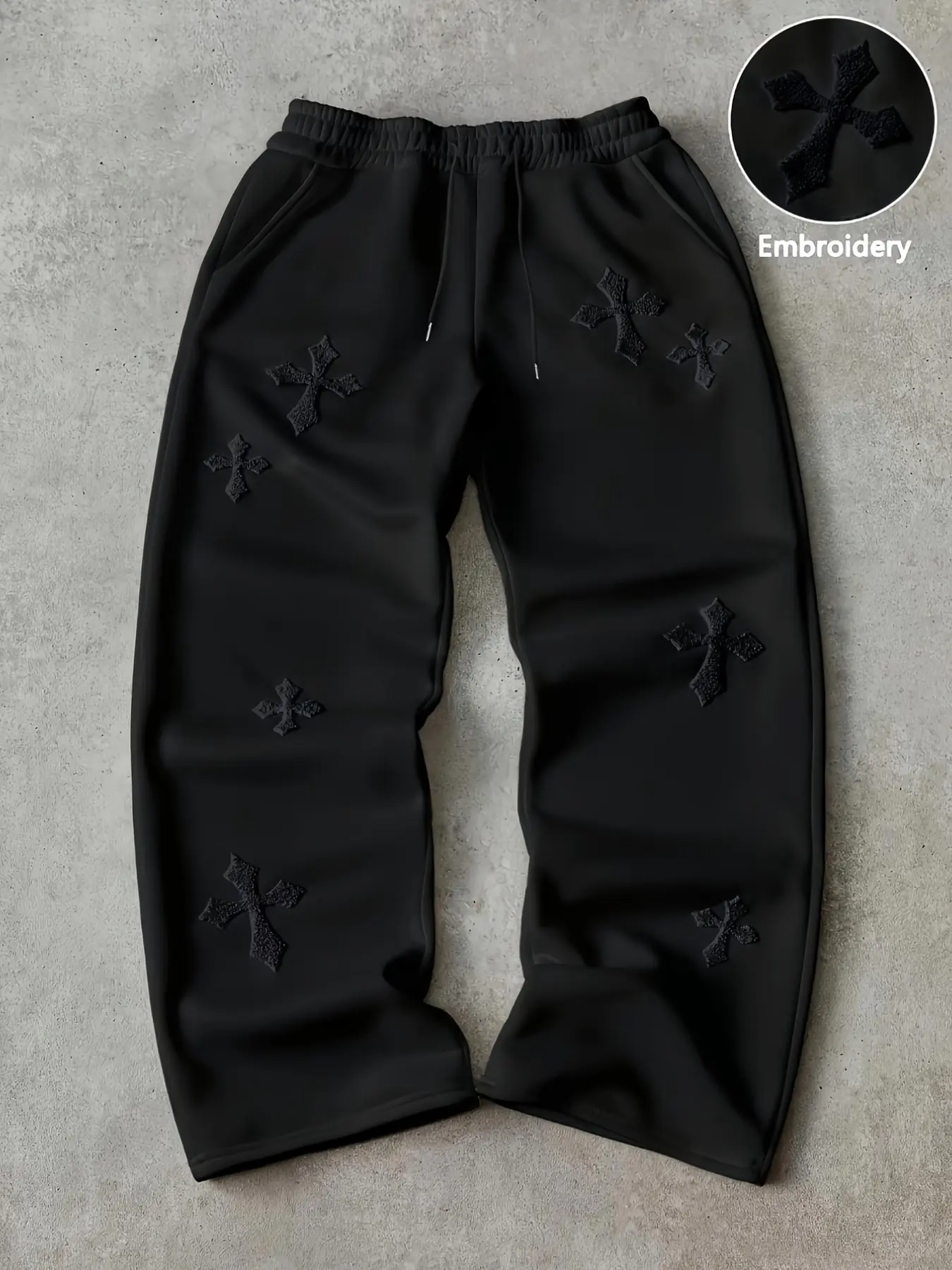 Cross Patchwork Wide Leg Sweatpants for Women, High Waist Drawstring Loose Fit Straight Tube Sport Pants, Embroidered Sweatpants, Comfortable and Stylish