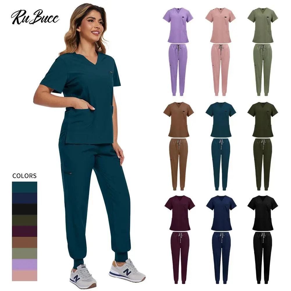 2-Piece Scrubs Set V-Neck Doctor Costume Women Operating Room Workwear Set Lightweight Multi-Color Pharmacist Work Uniforms Suit