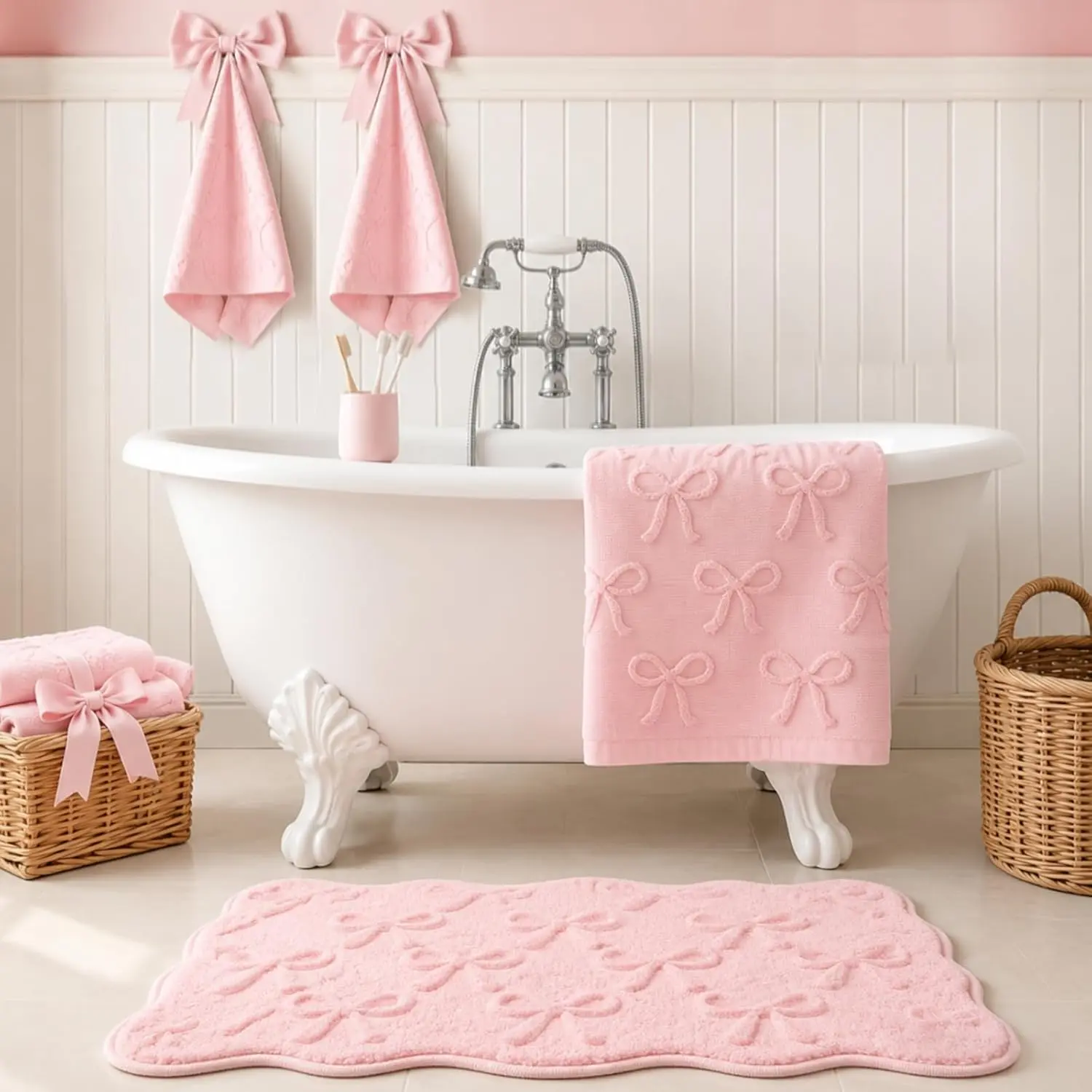 JarThenaAMCS 4Pcs Chic 3D Pink Bow Cotton Bathroom Decor Set - Soft Absorbent Jacquard Bath Towel, Hand Towels, Non-Slip Rubber Bath Mat for Coquette Home Decoration, Shower Accessories, Chic Decor