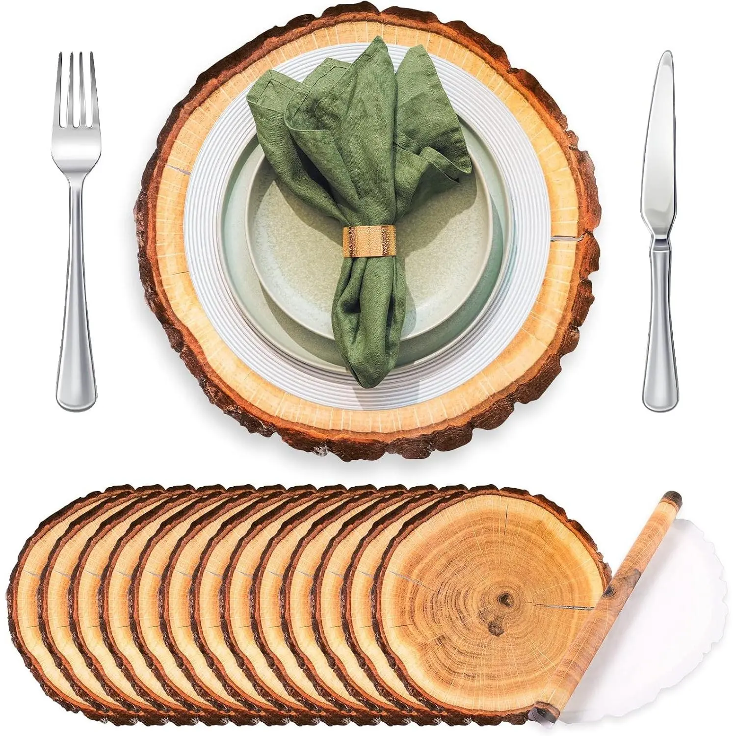 100 Pcs Disposable Wood Slice Woven Paper Placemats Rustic Charger Round Place Mat Bulk Table Paper Placemat for Farmhouse Birthday Wedding Dinner Baby Shower Hawaii Party Supply (Wood Slice)