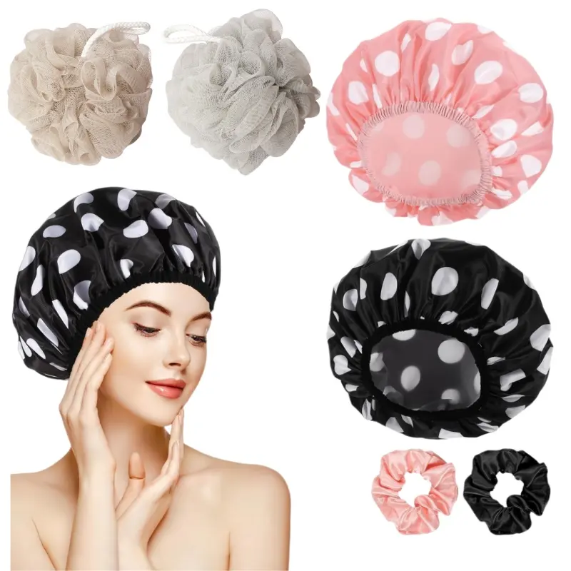 2pcs Ladies' Shower Caps, Including 2pcs Hair Ties And 2pcs Bath Balls. Double-Layer Structure Shower Hair Cap. Suitable for Various Scenarios Like Daily Hair Washing, Home Bathing, SPA Skincare, And Hair Care