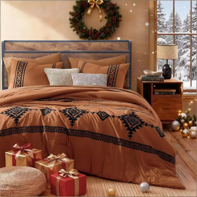 Embroidery Comforter Sets, boho Light Olive Green Western queen Bedding Set king Boho 7 Pieces, All Season Farmhouse Bed in A Bag Comforter Set with Sheets, Pillowcases & Shams bedding sets bed comforter set bedding set cozy winter decor sleep experience