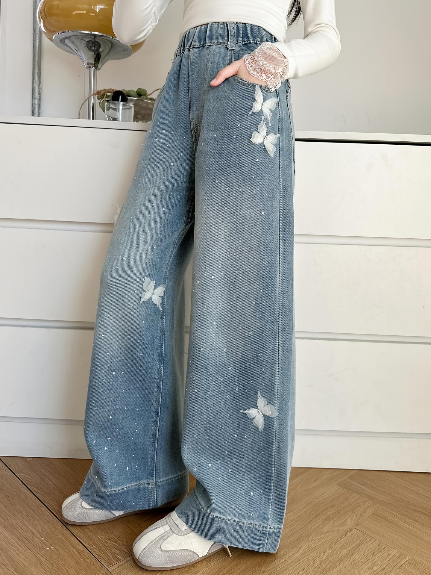 Girls' butterfly pattern jeans, children's straight wide-leg pants