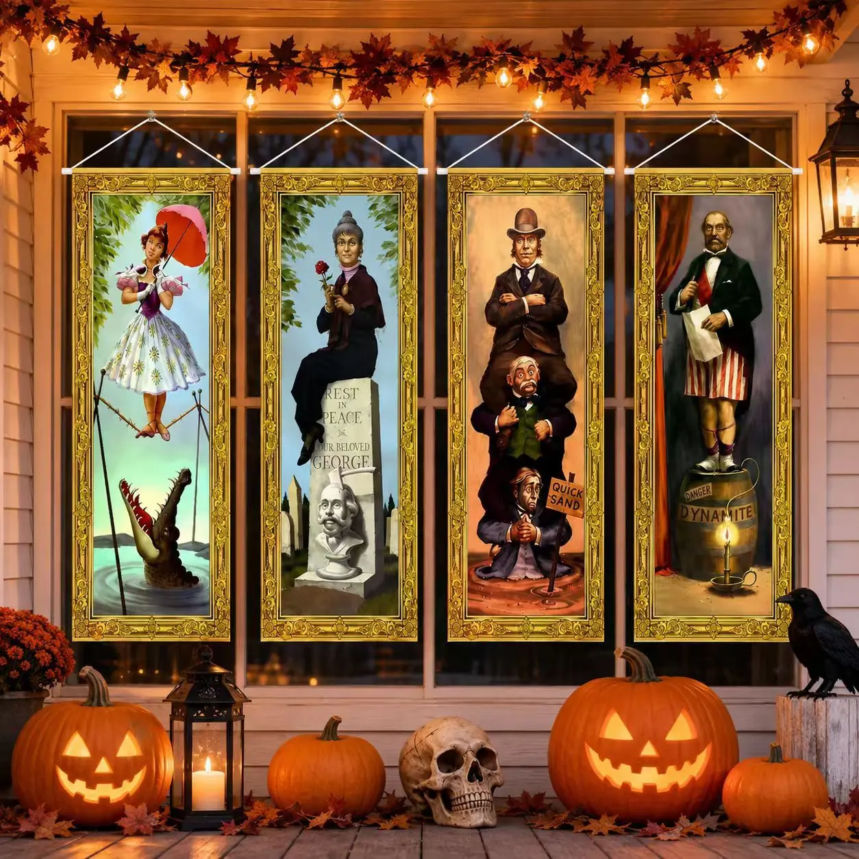 4-Pack Spooky Haunted Mansion Stretching Portraits Hanging Set - Large Size Vintage Horror Banners, Indoor/Outdoor Halloween Wall Decor for Porch, Haunting Scenes