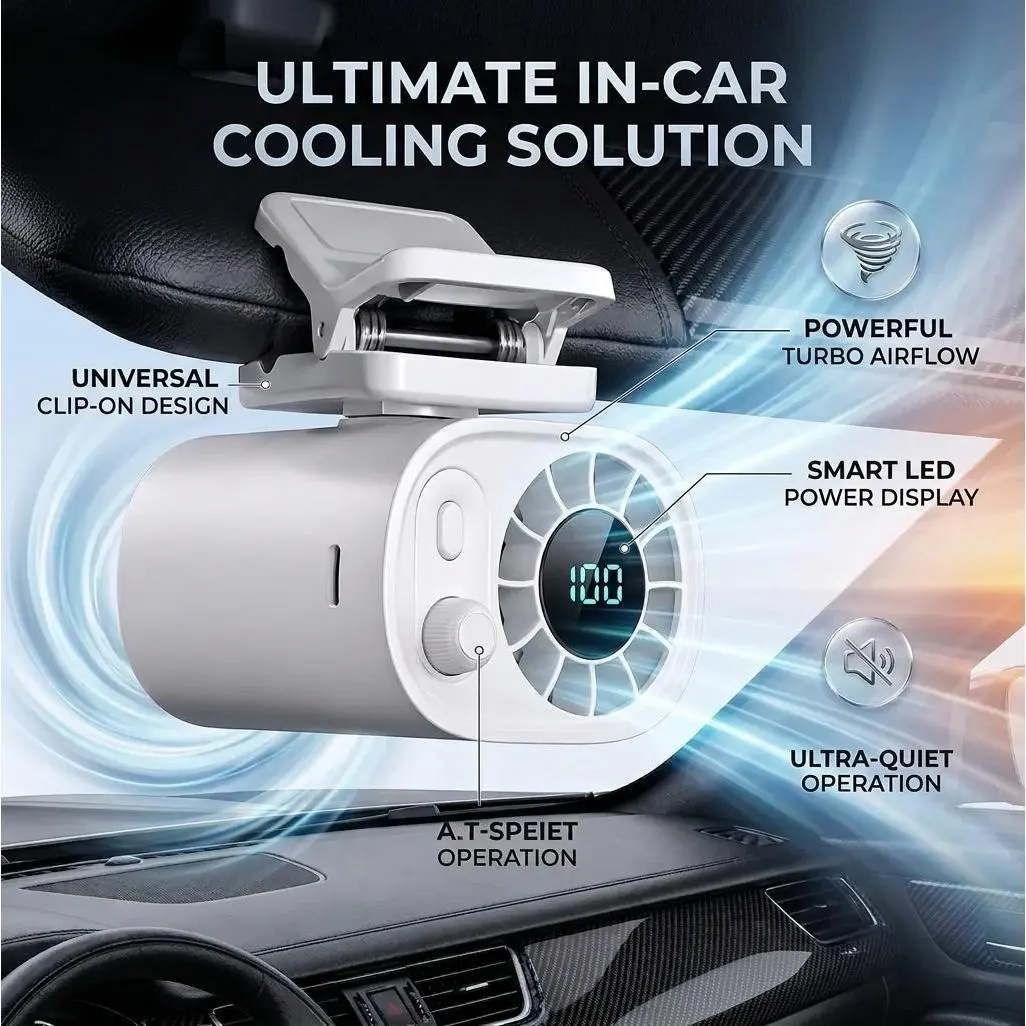 Clip-On Car Cooling Fan, Portable USB Rechargeable Car Seat Headrest Fan with LED Screen, Ultra-Quiet Turbo Flow, Universal SUV/Truck Backseat Interior Gadget for Summer