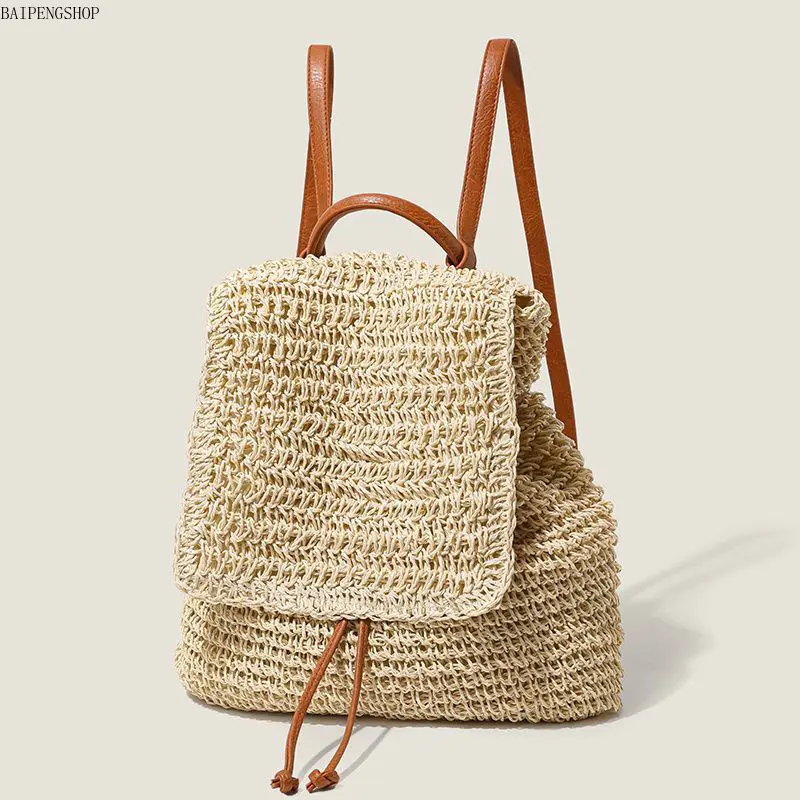Women's Brown Hand-Woven Straw Backpack - Adjustable Shoulder Straps, Lightweight Rucksack, Sweet Versatile Minimalist Bag for Beach, Casual Daily Use