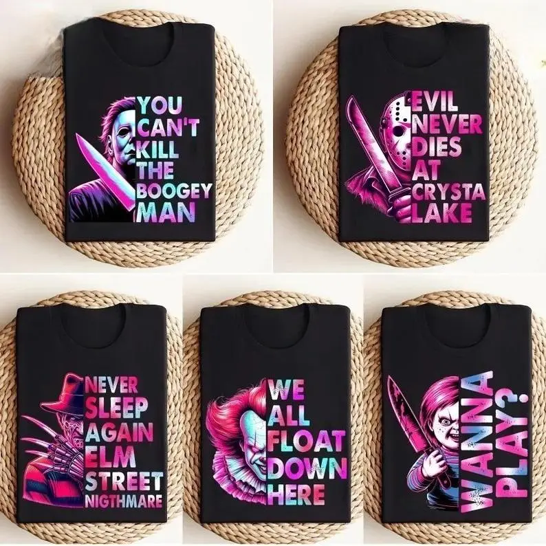 Retro Neon Horror Halloween Movie T-Shirt, Slasher Squad T-Shirt, Slashers Horror Halloween Tee, Horror Movie Fan, Slashers Halloween Shirt Casual Crewneck Cotton Fabric Fit Womenswear Soft and breathable shirt
