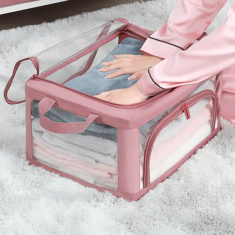 Fully transparent clothing storage box, ultra-transparent foldable steel frame storage box for clothes and quilts, organizing box for moving